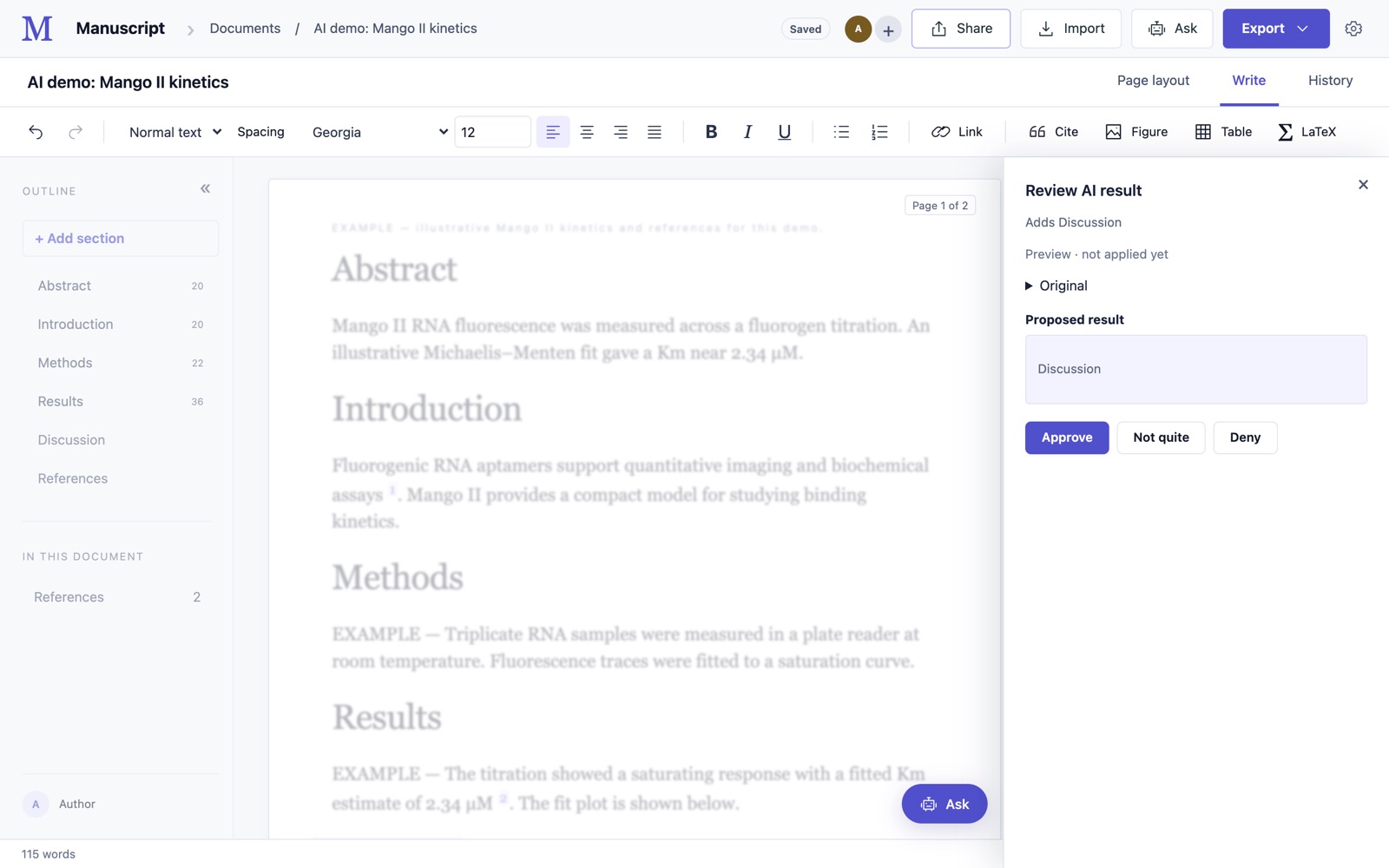 The Review AI result panel offering Approve, Not quite and Deny