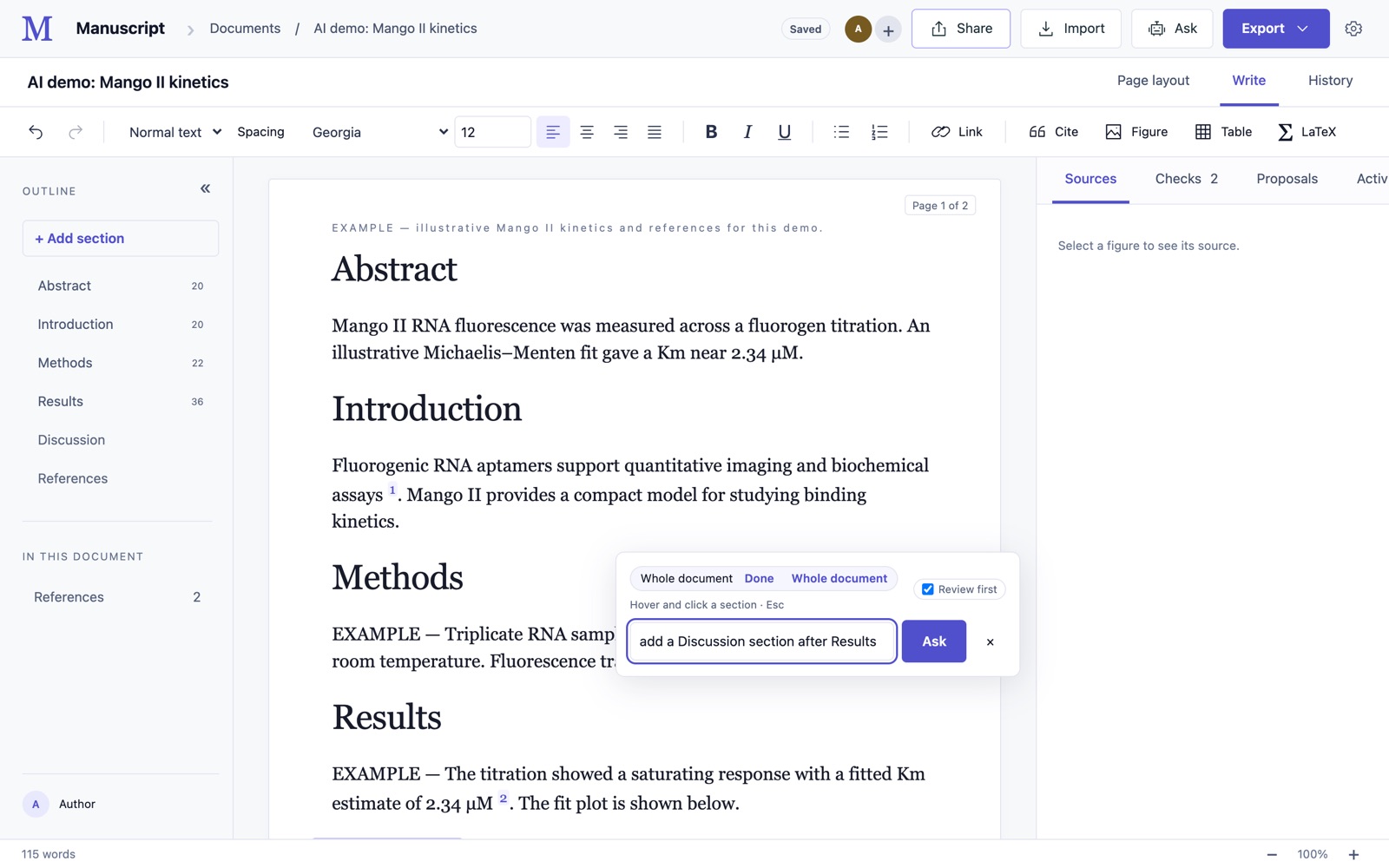 Typing “add a Discussion section after Results” into Manuscript's Ask bar