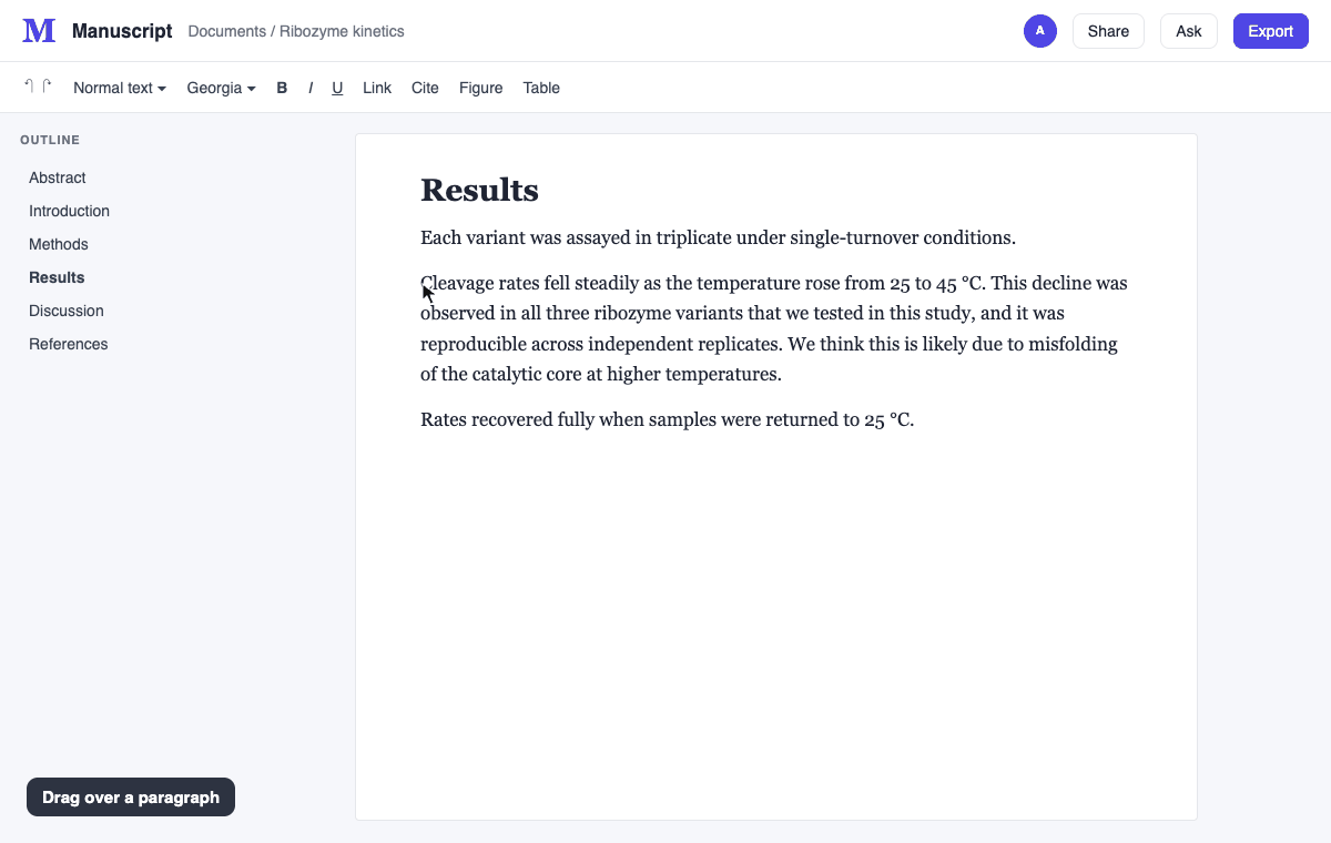 Illustration: selecting a paragraph, choosing Edit with AI, asking for a shorter version, adding a citation, then pressing Done