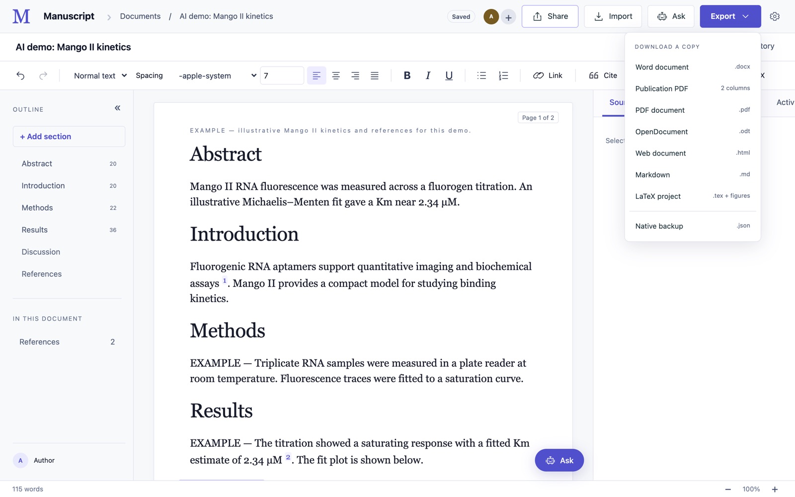 The Export menu listing Word, Publication PDF, PDF, OpenDocument, Web, Markdown and LaTeX formats