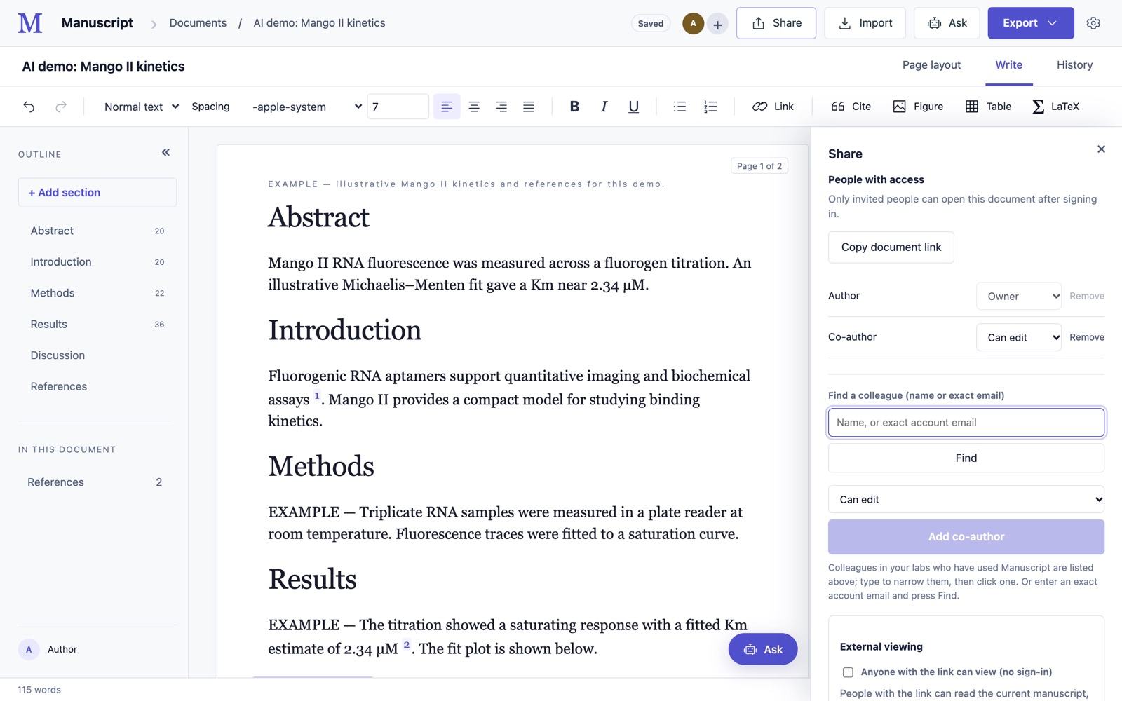 The Share panel listing co-authors with Owner and Can edit roles